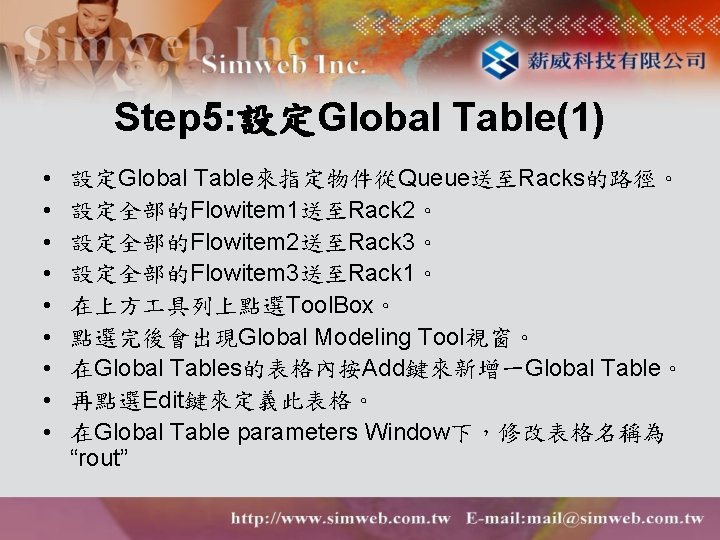 Step 5: 設定Global Table(1) • • • 設定Global Table來指定物件從Queue送至Racks的路徑。 設定全部的Flowitem 1送至Rack 2。 設定全部的Flowitem 2送至Rack