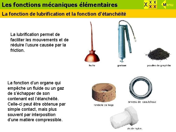 Les fonctions Effets d’une force mécaniques élémentaires La fonction de lubrification et la fonction Les fonctions Effets d’une force mécaniques élémentaires La fonction de lubrification et la fonction