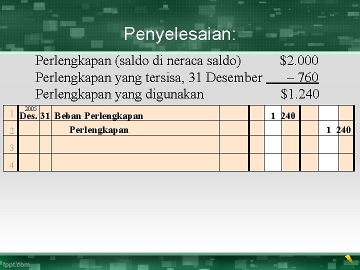 Penyelesaian: Perlengkapan (saldo di neraca saldo) Perlengkapan yang tersisa, 31 Desember Perlengkapan yang digunakan