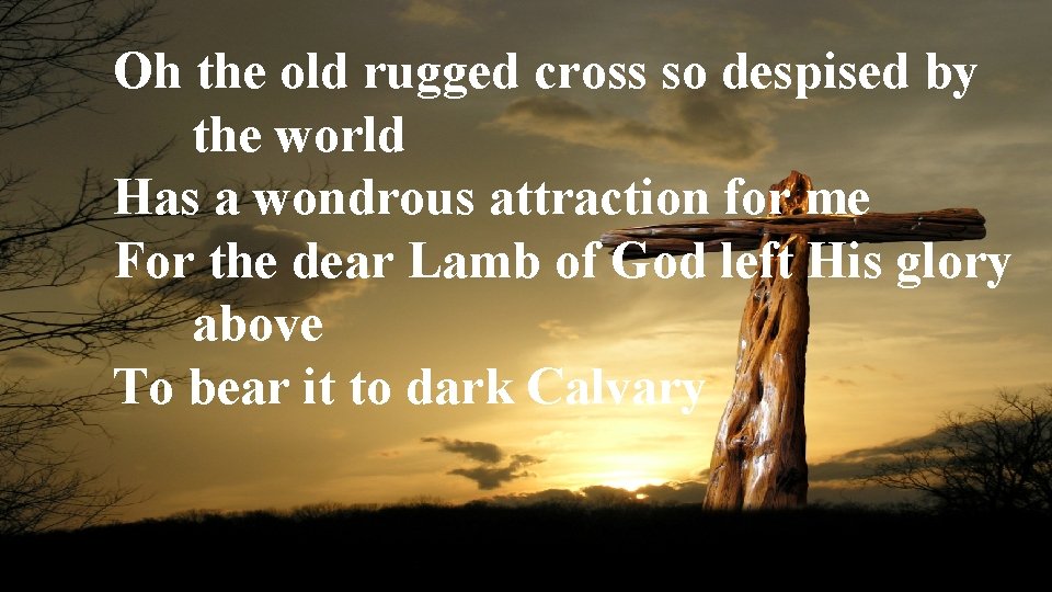 Oh the old rugged cross so despised by the world Has a wondrous attraction