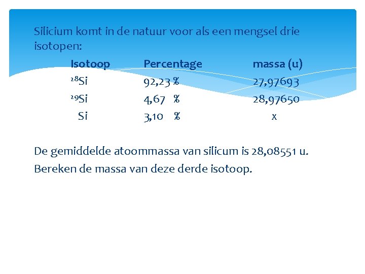 Silicium komt in de natuur voor als een mengsel drie isotopen: Isotoop Percentage massa