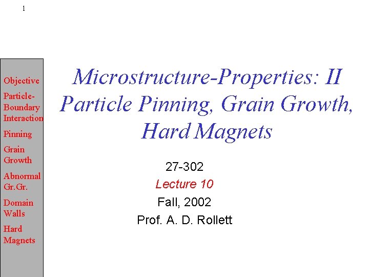 1 Objective Particle. Boundary Interaction Pinning Grain Growth Abnormal Gr. Domain Walls Hard Magnets