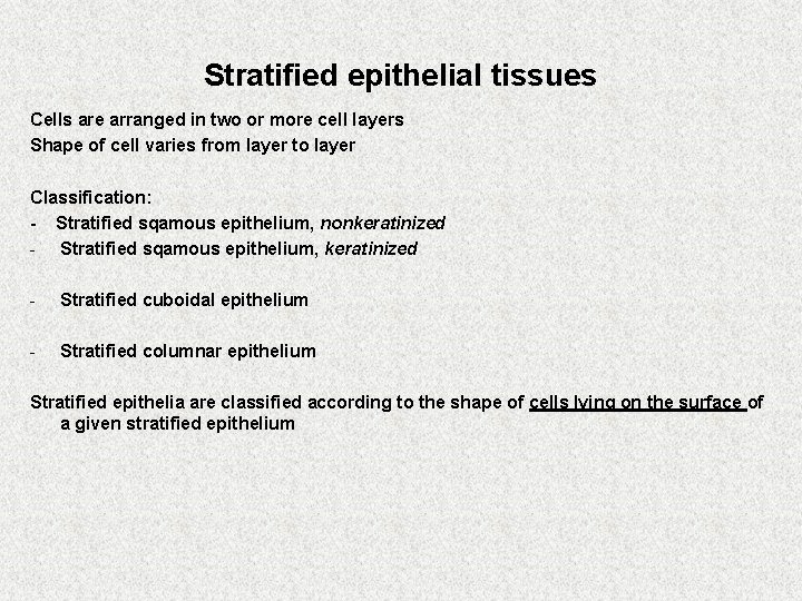 Stratified epithelial tissues Cells are arranged in two or more cell layers Shape of