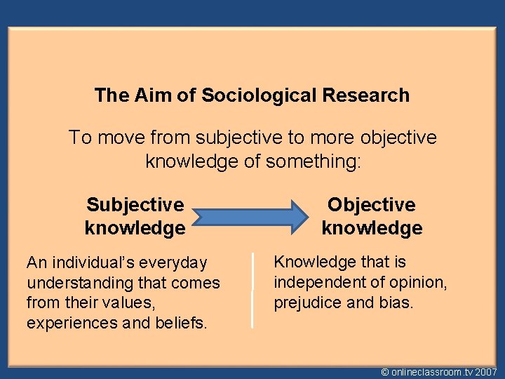The Aim of Sociological Research To move from subjective to more objective knowledge of