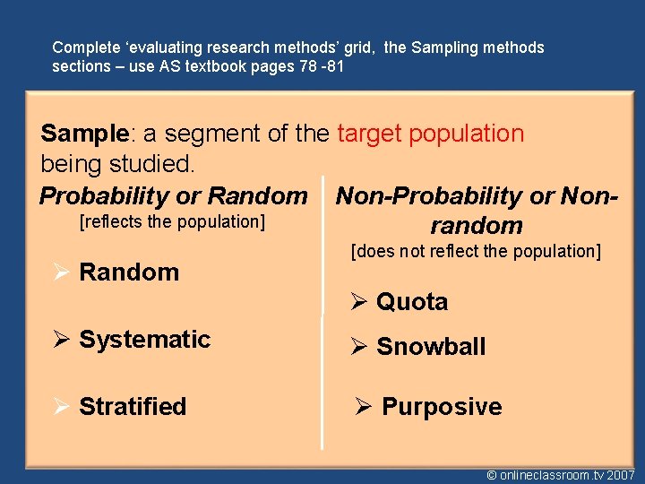 Complete ‘evaluating research methods’ grid, the Sampling methods sections – use AS textbook pages