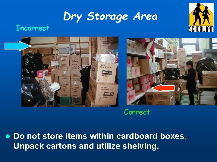Incorrect Dry Storage Area Correct l Do not store items within cardboard boxes. Unpack Incorrect Dry Storage Area Correct l Do not store items within cardboard boxes. Unpack