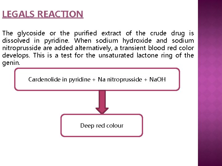 LEGALS REACTION The glycoside or the purified extract of the crude drug is dissolved