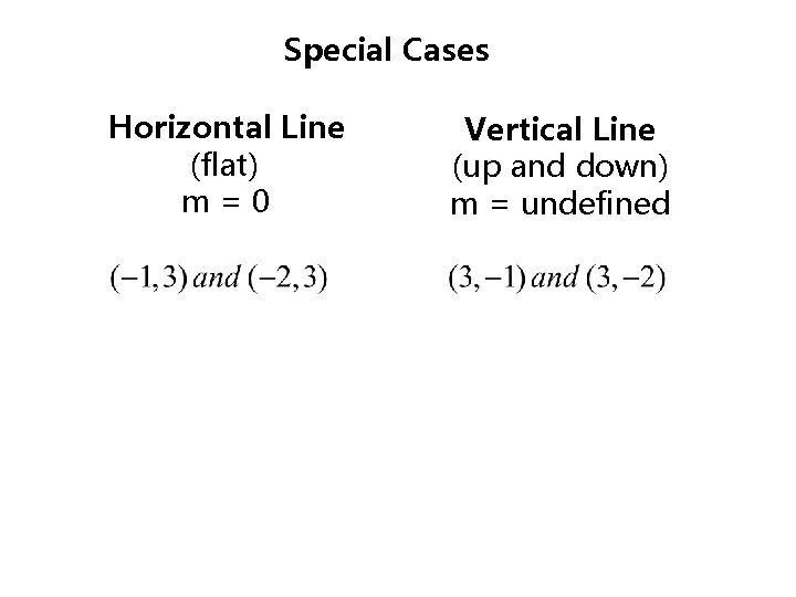 Special Cases Horizontal Line (flat) m=0 Vertical Line (up and down) m = undefined