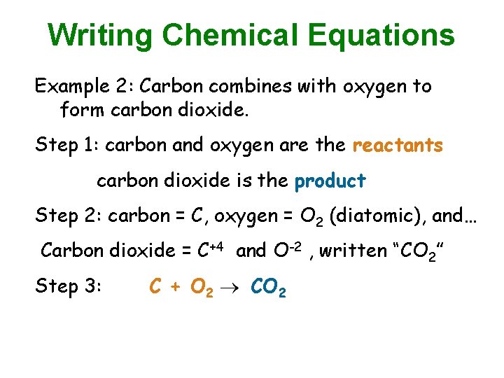 Writing Chemical Equations Example 2: Carbon combines with oxygen to form carbon dioxide. Step