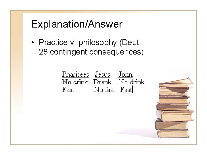 Explanation/Answer • Practice v. philosophy (Deut 28 contingent consequences) 