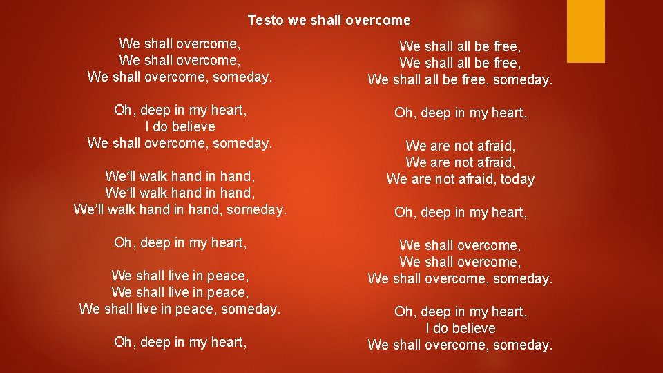 Testo we shall overcome We shall overcome, someday. Oh, deep in my heart, I