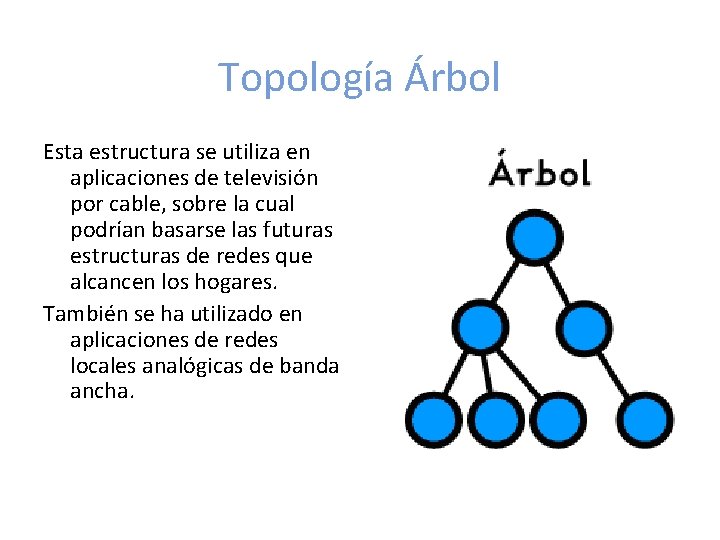 Topología Árbol Esta estructura se utiliza en aplicaciones de televisión por cable, sobre la