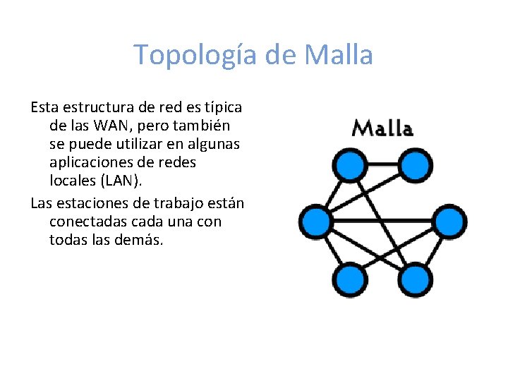 Topología de Malla Esta estructura de red es típica de las WAN, pero también