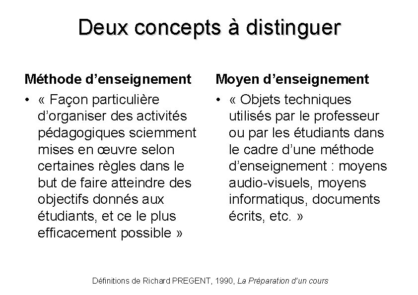Deux concepts à distinguer Méthode d’enseignement • « Façon particulière d’organiser des activités pédagogiques