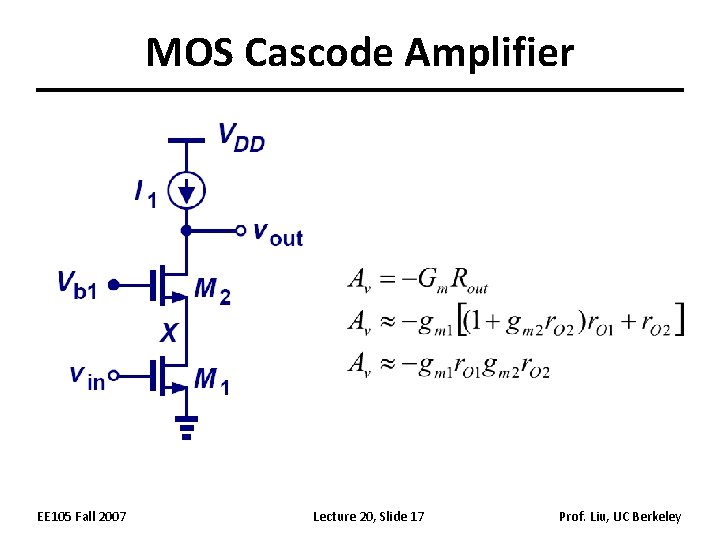 MOS Cascode Amplifier EE 105 Fall 2007 Lecture 20, Slide 17 Prof. Liu, UC