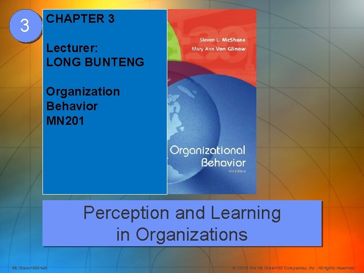 3 CHAPTER 3 Lecturer: LONG BUNTENG Organization Behavior MN 201 Perception and Learning in