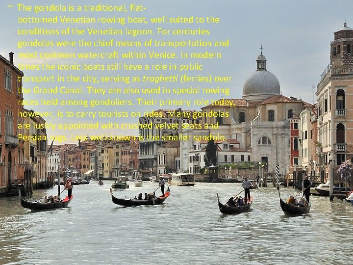 ~ The gondola is a traditional, flatbottomed Venetian rowing boat, well suited to the