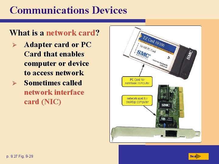 Communications Devices What is a network card? Ø Ø Adapter card or PC Card