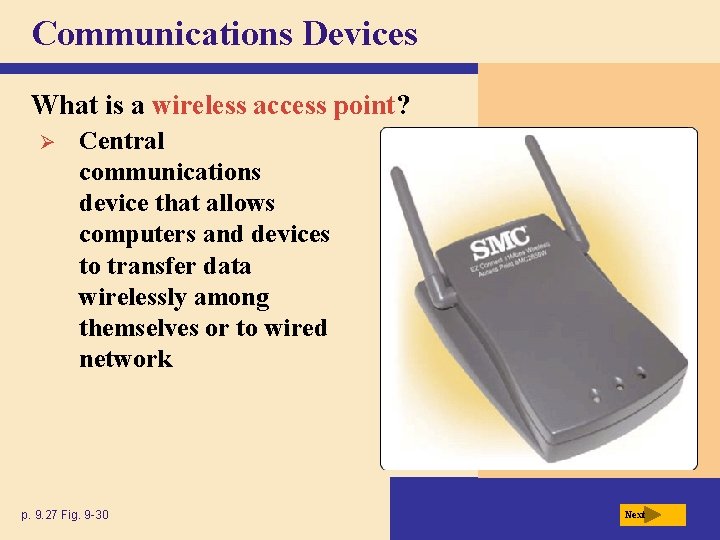 Communications Devices What is a wireless access point? Ø Central communications device that allows