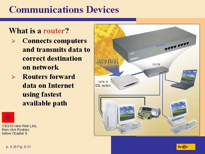 Communications Devices What is a router? Ø Ø Connects computers and transmits data to