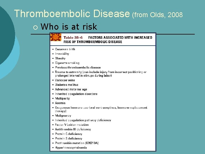Thromboembolic Disease (from Olds, 2008 ¡ Who is at risk 