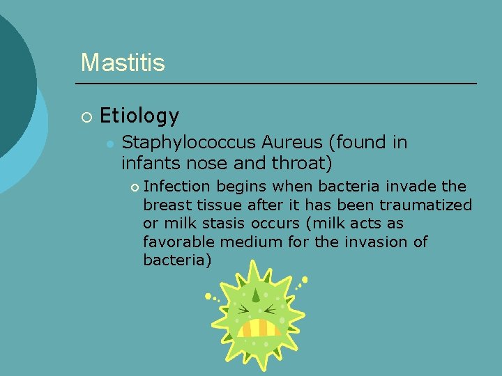 Mastitis ¡ Etiology l Staphylococcus Aureus (found in infants nose and throat) ¡ Infection