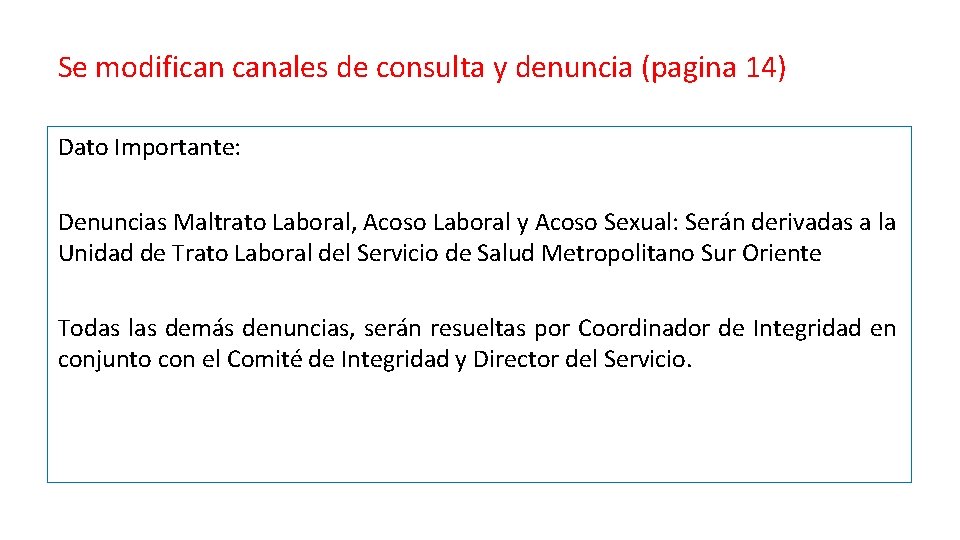 Se modifican canales de consulta y denuncia (pagina 14) Dato Importante: Denuncias Maltrato Laboral,