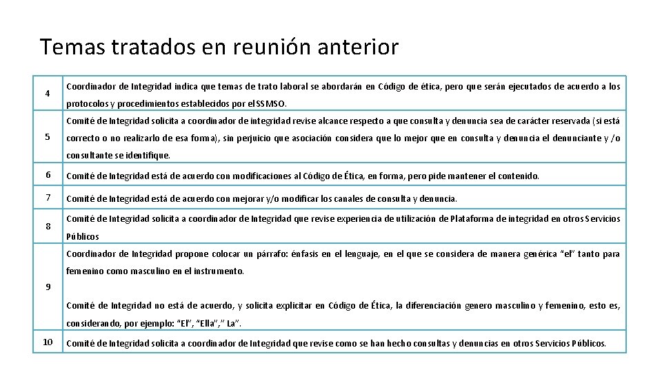 Temas tratados en reunión anterior 4 Coordinador de Integridad indica que temas de trato