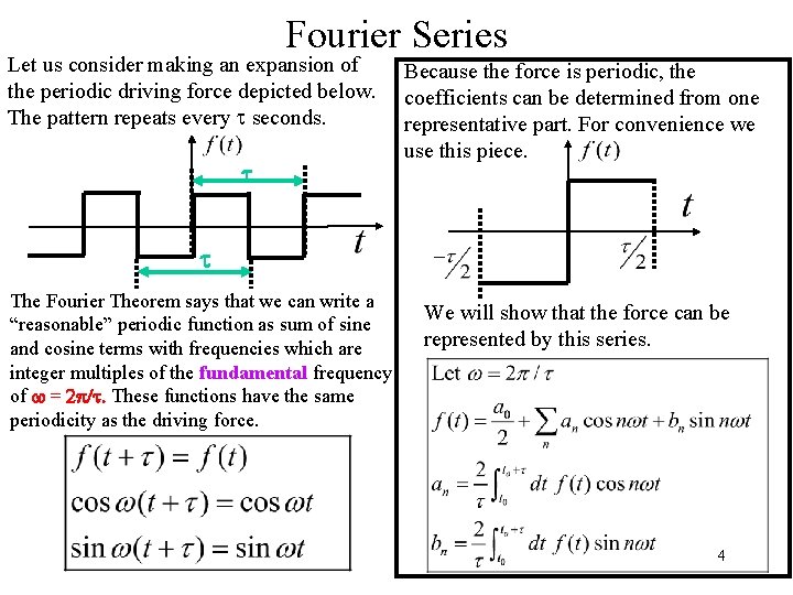 Fourier Series Let us consider making an expansion of the periodic driving force depicted