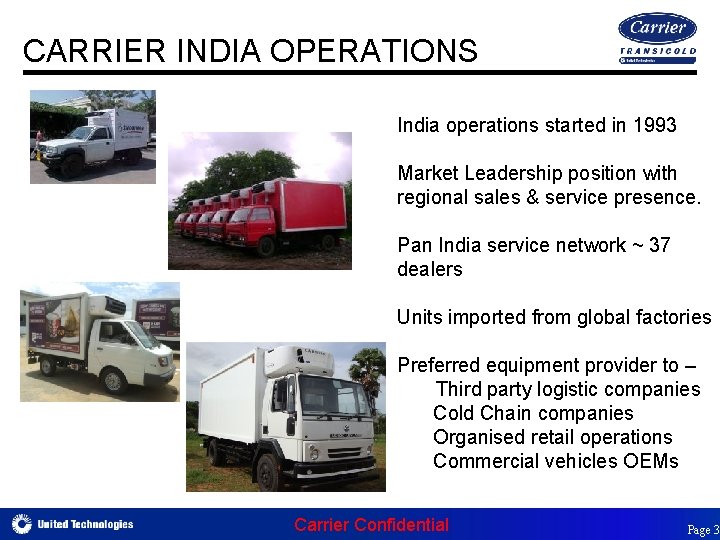 CARRIER INDIA OPERATIONS India operations started in 1993 Market Leadership position with regional sales