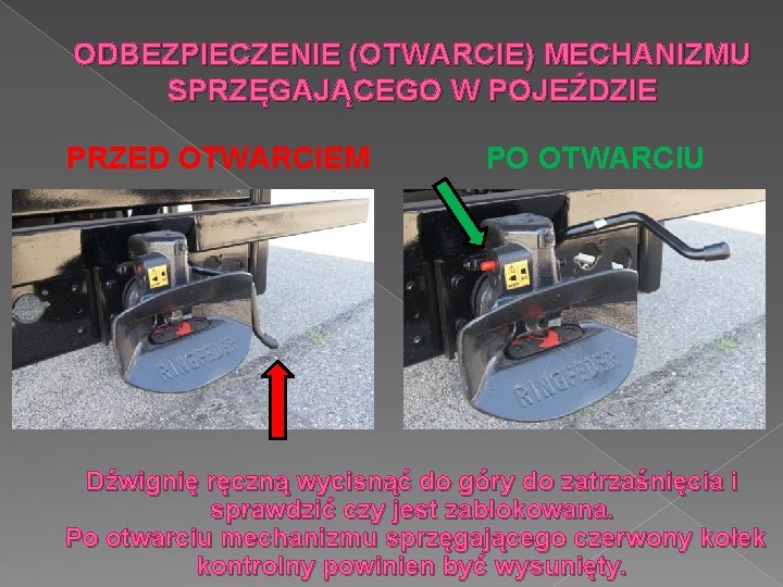 ODBEZPIECZENIE (OTWARCIE) MECHANIZMU SPRZĘGAJĄCEGO W POJEŹDZIE PRZED OTWARCIEM PO OTWARCIU Dźwignię ręczną wycisnąć do