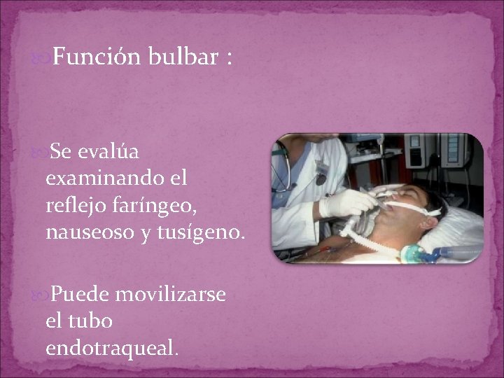 Función bulbar : Se evalúa examinando el reflejo faríngeo, nauseoso y tusígeno. Puede Función bulbar : Se evalúa examinando el reflejo faríngeo, nauseoso y tusígeno. Puede