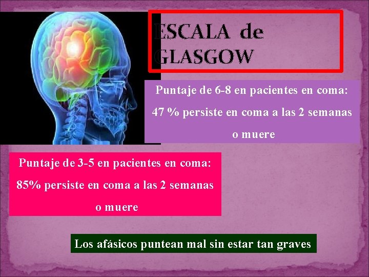 ESCALA de GLASGOW Puntaje de 6 -8 en pacientes en coma: 47 % persiste ESCALA de GLASGOW Puntaje de 6 -8 en pacientes en coma: 47 % persiste