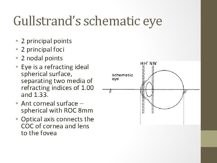 Gullstrand’s schematic eye 2 principal points 2 principal foci 2 nodal points Eye is