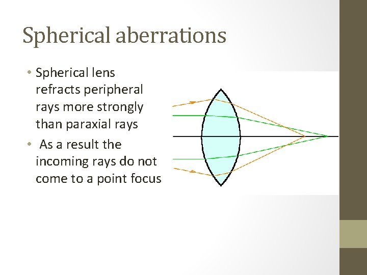 Spherical aberrations • Spherical lens refracts peripheral rays more strongly than paraxial rays •