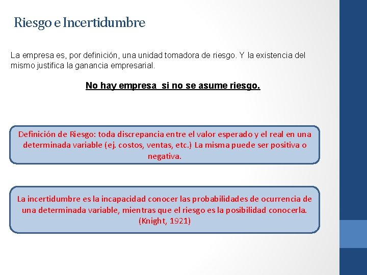 Riesgo e Incertidumbre La empresa es, por definición, una unidad tomadora de riesgo. Y