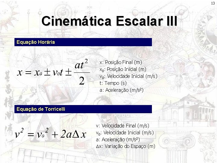 13 Cinemática Escalar III Equação Horária x: Posição Final (m) x 0: Posição Inicial