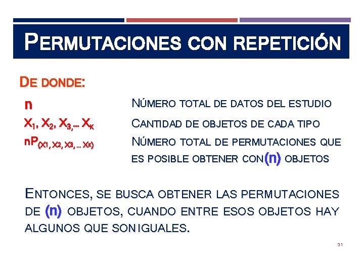 PERMUTACIONES CON REPETICIÓN DE DONDE: n NÚMERO TOTAL DE DATOS DEL ESTUDIO X 1,