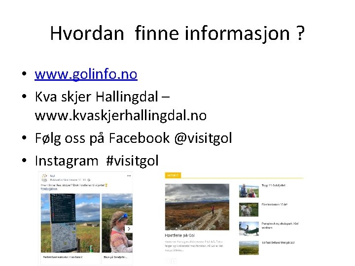 Hvordan finne informasjon ? • www. golinfo. no • Kva skjer Hallingdal – www.