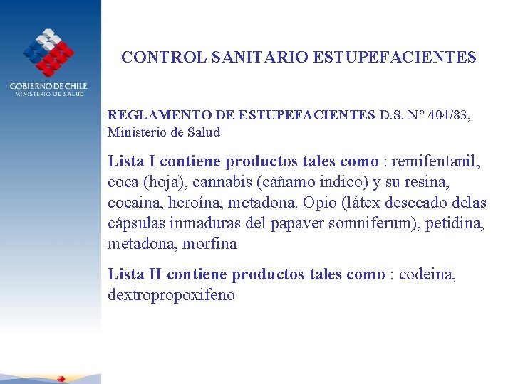CONTROL SANITARIO ESTUPEFACIENTES REGLAMENTO DE ESTUPEFACIENTES D. S. N° 404/83, Ministerio de Salud Lista