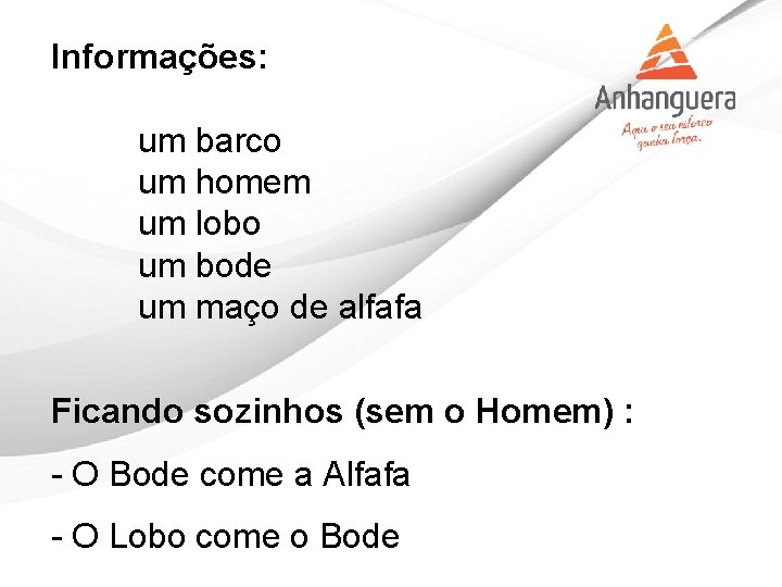 Informações: um barco um homem um lobo um bode um maço de alfafa Ficando