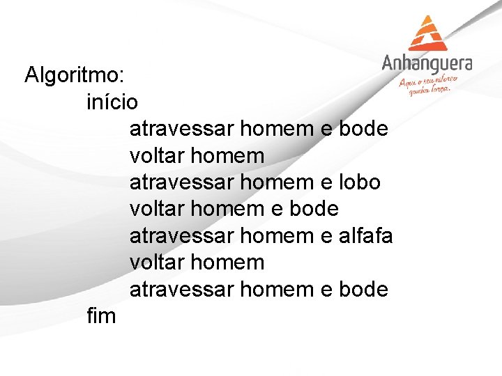 Algoritmo: início atravessar homem e bode voltar homem atravessar homem e lobo voltar homem