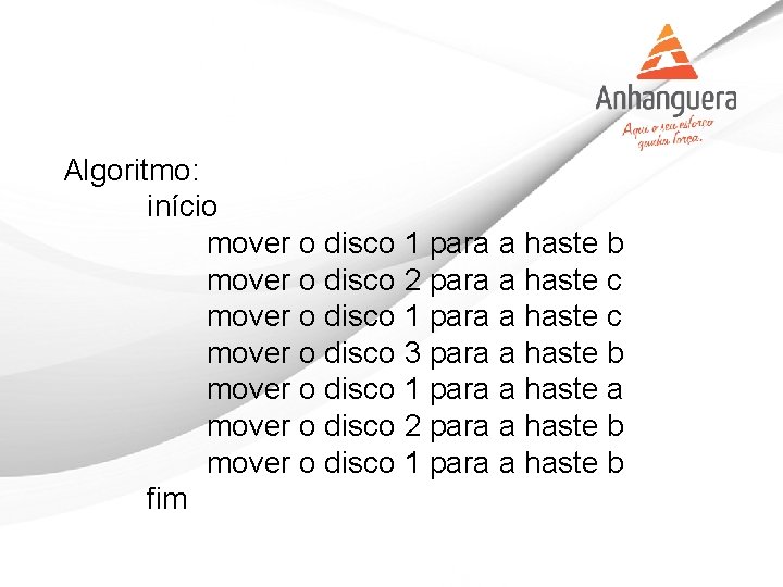 Algoritmo: início mover o disco 1 para a haste b mover o disco 2