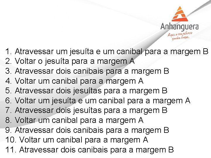 1. Atravessar um jesuíta e um canibal para a margem B 2. Voltar o