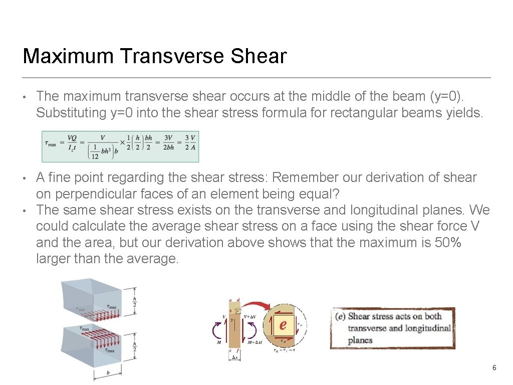 Maximum Transverse Shear • The maximum transverse shear occurs at the middle of the