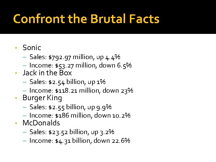 Confront the Brutal Facts • • Sonic – Sales: $792. 97 million, up 4.
