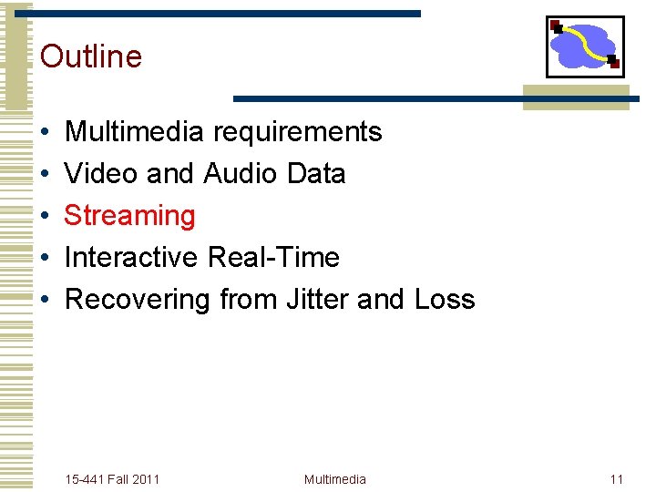 Outline • • • Multimedia requirements Video and Audio Data Streaming Interactive Real-Time Recovering