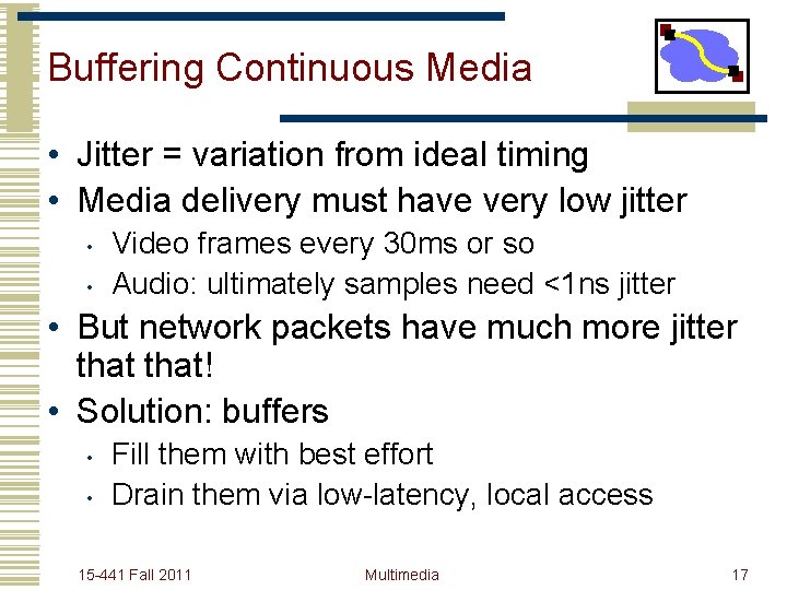 Buffering Continuous Media • Jitter = variation from ideal timing • Media delivery must