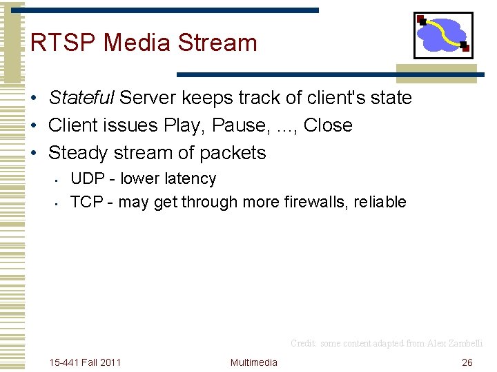 RTSP Media Stream • Stateful Server keeps track of client's state • Client issues