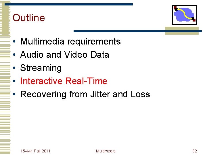 Outline • • • Multimedia requirements Audio and Video Data Streaming Interactive Real-Time Recovering